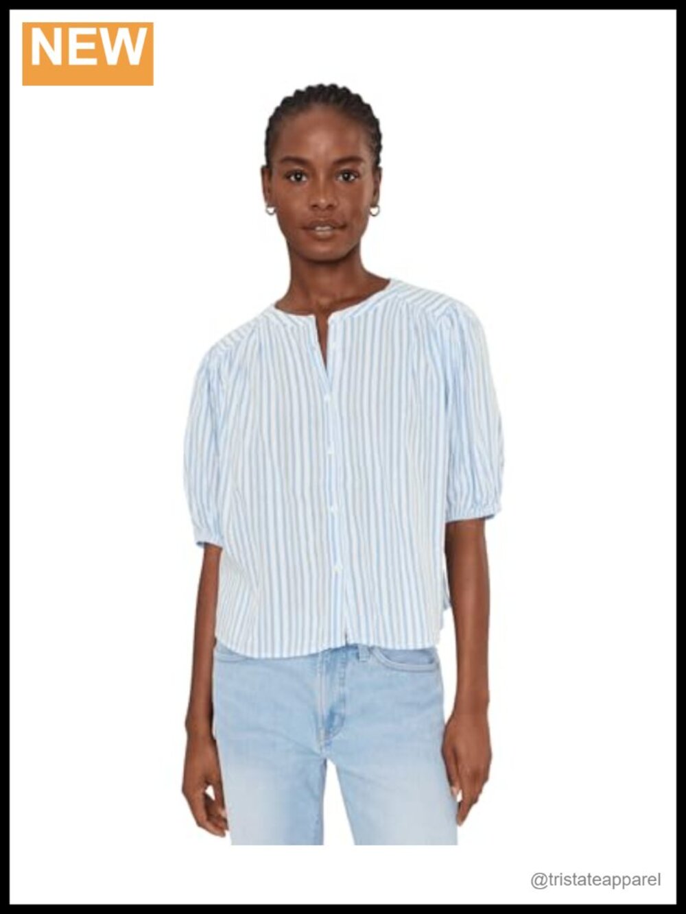 Splendid Women's Striped Button-Front Blouse Cotton Blend Puff Sleeve